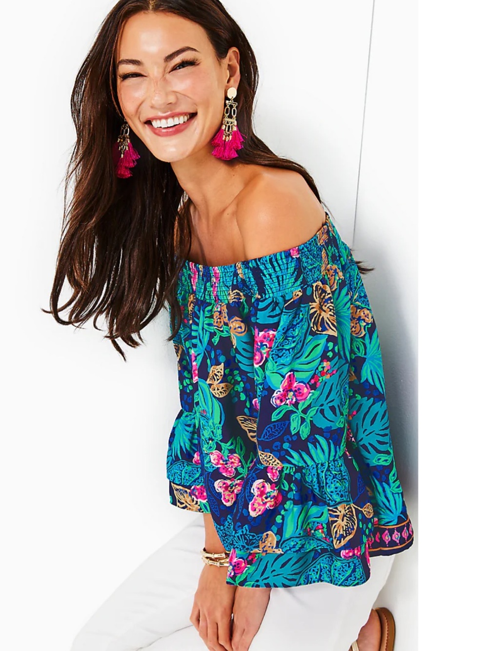 LILLY PULITZER Kaori Off-the-shoulder Top Low Tide Navy Life Of The Party Sz L